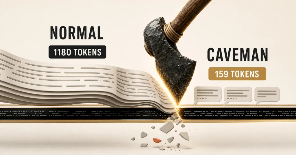 Caveman kürzt eine normale KI-Antwort von 1180 auf 159 Tokens, während eine Steinaxt den Textstrom teilt und der Code unverändert bleibt.