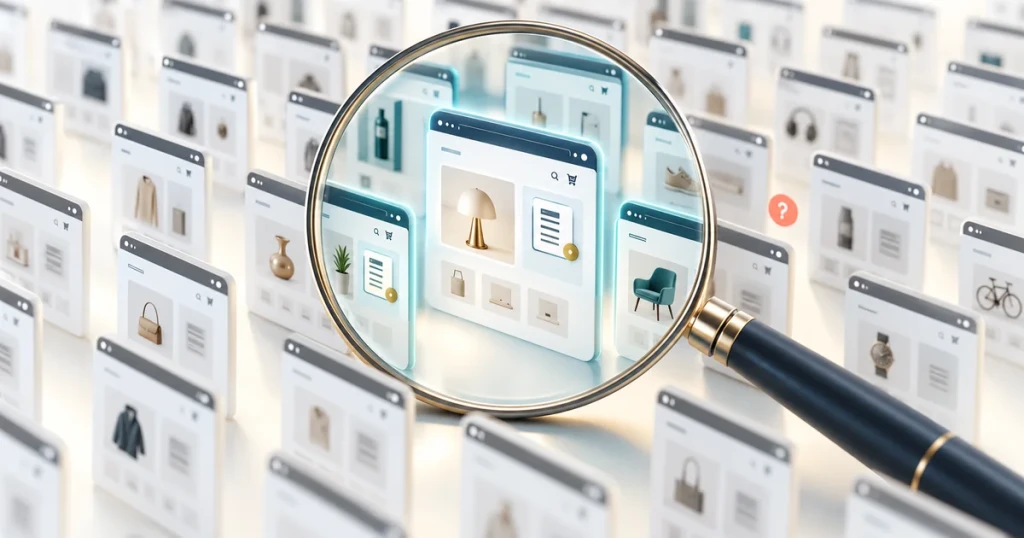 Lupe prüft viele Onlineshop-Seiten auf die Gewährleistungsmitteilung.