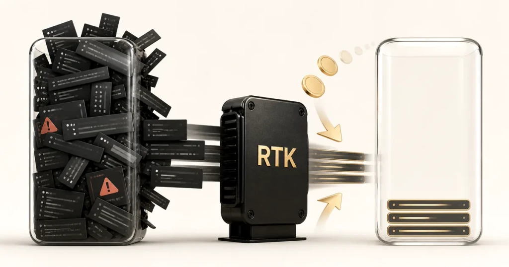 Überfüllte Terminal-Ausgaben werden durch RTK zu wenigen kompakten Streifen verdichtet und schaffen freien Kontext.