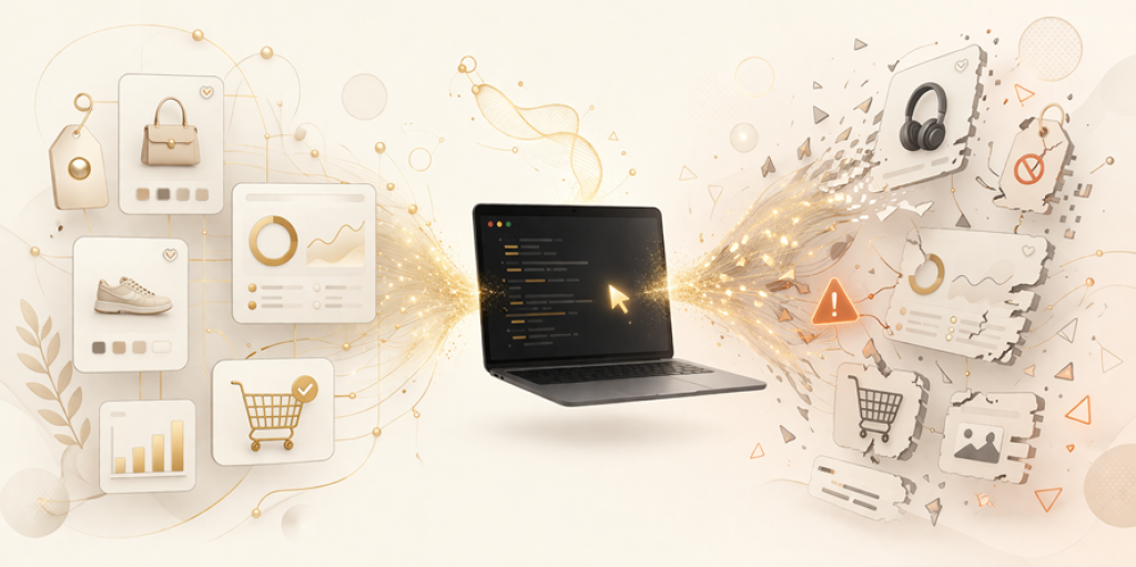 Illustration: Ein Laptop mit Terminal-Code in der Mitte. Links entstehen geordnete Shop-Elemente wie Produktkarten, Warenkorb und Statistiken aus goldenen Partikelströmen. Rechts zerfallen dieselben Elemente — ein Warndreieck, ein durchgestrichenes Preisschild und brechende UI-Karten zeigen die Risiken von KI-Automatisierung im Shopify-Shop.