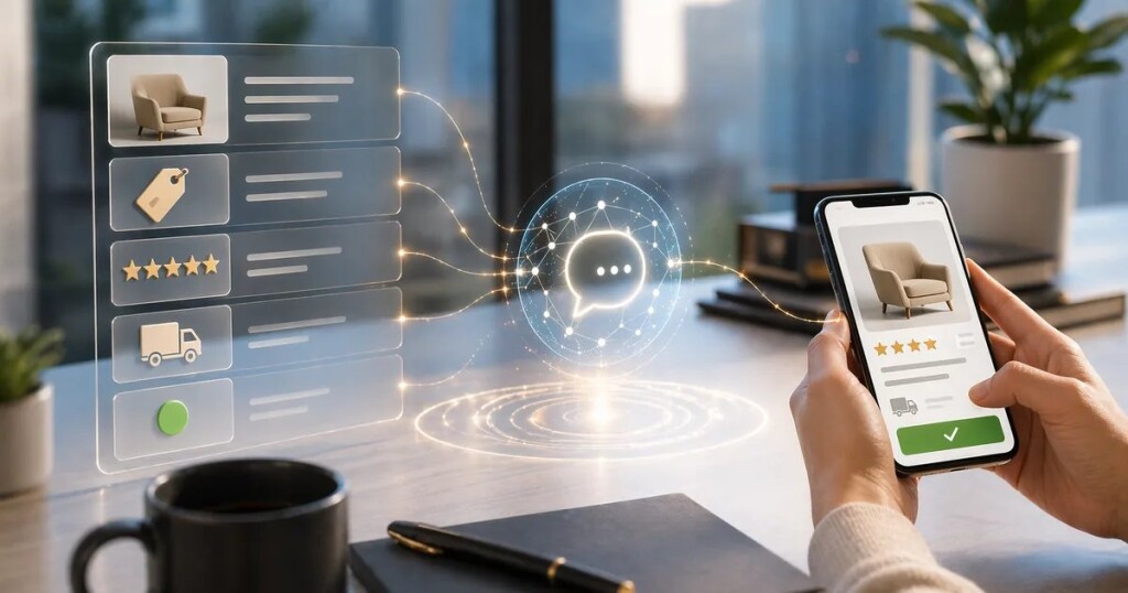 Realistische E-Commerce-Szene: Strukturierte Produktdaten fließen über einen AI-Agenten zum Smartphone des Käufers.