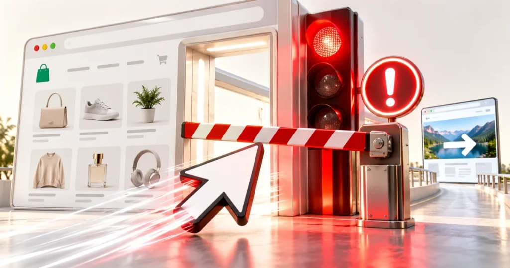 Rote Ampel und Schranke stoppen einen Mauszeiger beim Verlassen eines Onlineshops – Symbolbild zum Shopify-Hinweis bei externen Links.