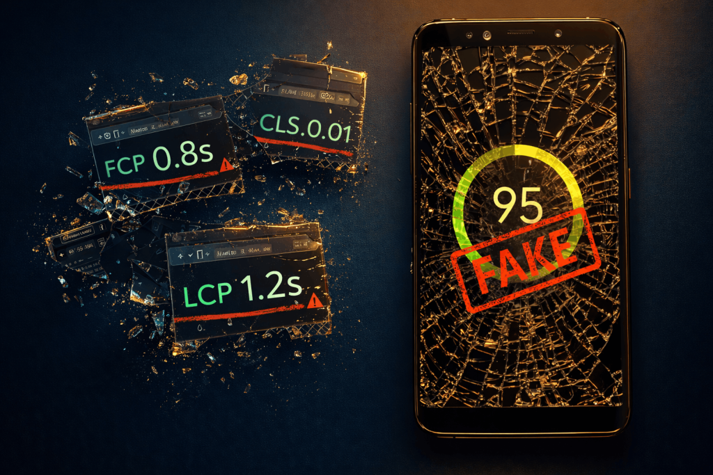 Smartphone mit gefaelschtem Lighthouse-Score 95 und FAKE-Stempel – illustriert manipulierte Speed-Scores.