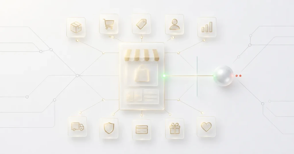 Heller digitaler Shop, verbunden mit zehn WebMCP-Werkzeugen und einem Agentenknoten.