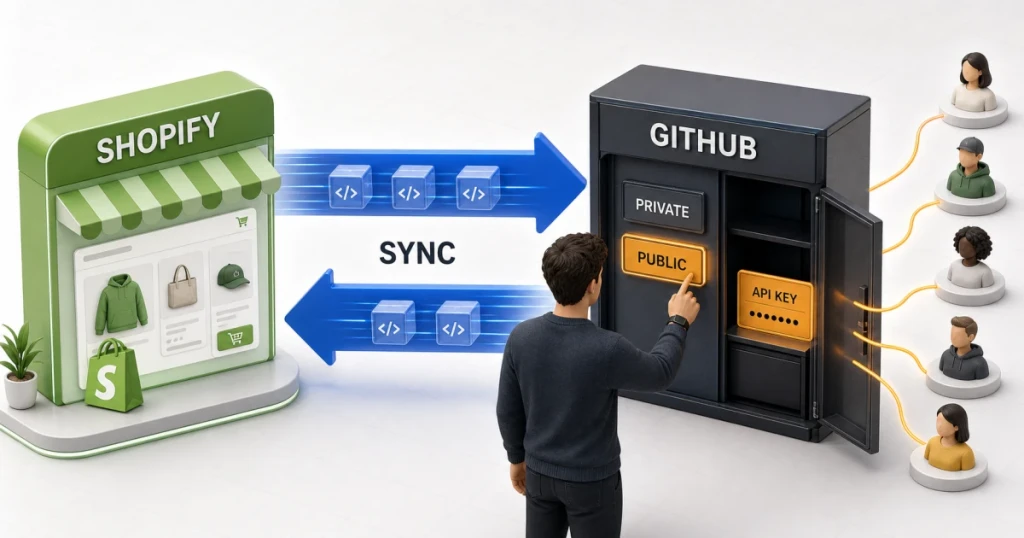 Entwickler stellt synchronisiertes Shopify-GitHub-Repository mit enthaltenem API-Key öffentlich.
